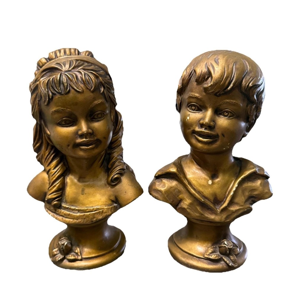 Vintage Universal Statuary Boy Girl Bust Set 1962 Bronze‎ Finish Figurines